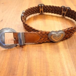 Vintage Brighton braided leather belt with silver plated hearts and disks